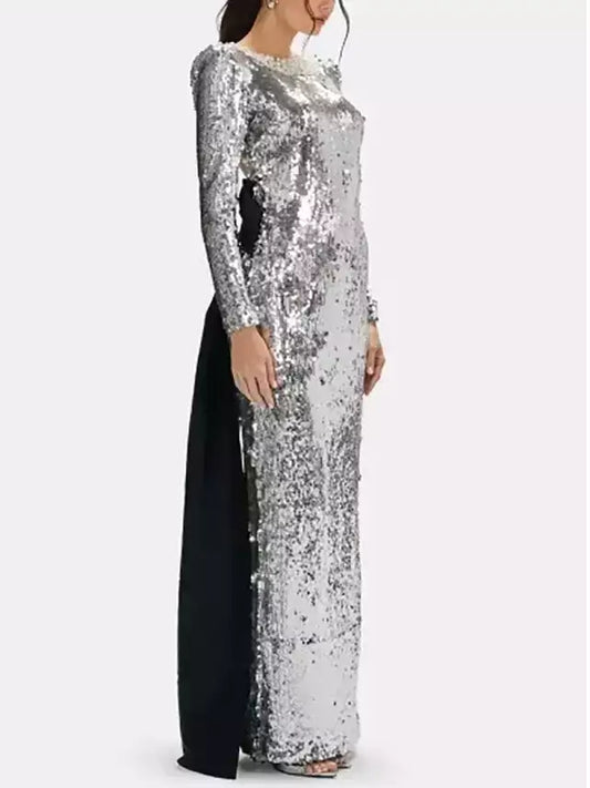 Silver Sequin Gown with Pearl Neckline - Dresses