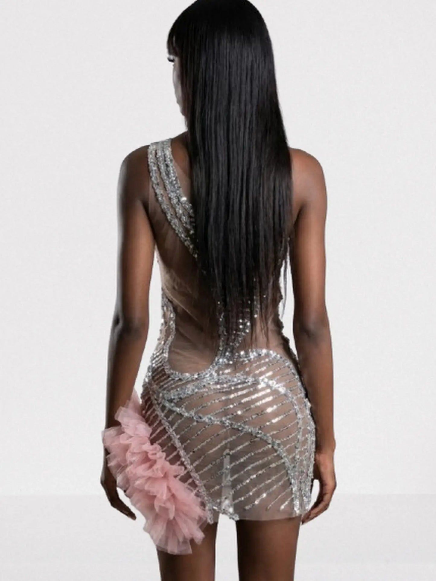 Silver Sequin Illusion Mini Dress with Tulle Detail - Dresses