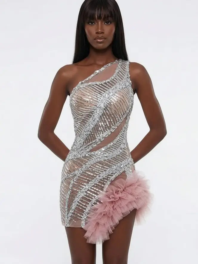 Silver Sequin Illusion Mini Dress with Tulle Detail - Dresses