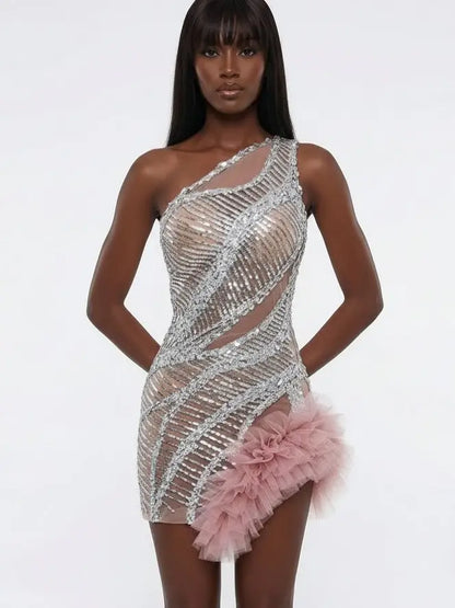 Silver Sequin Illusion Mini Dress with Tulle Detail - Dresses