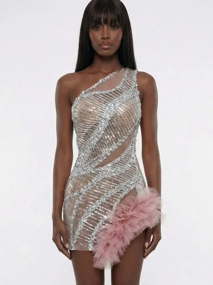 Silver Sequin Illusion Mini Dress with Tulle Detail - Dresses