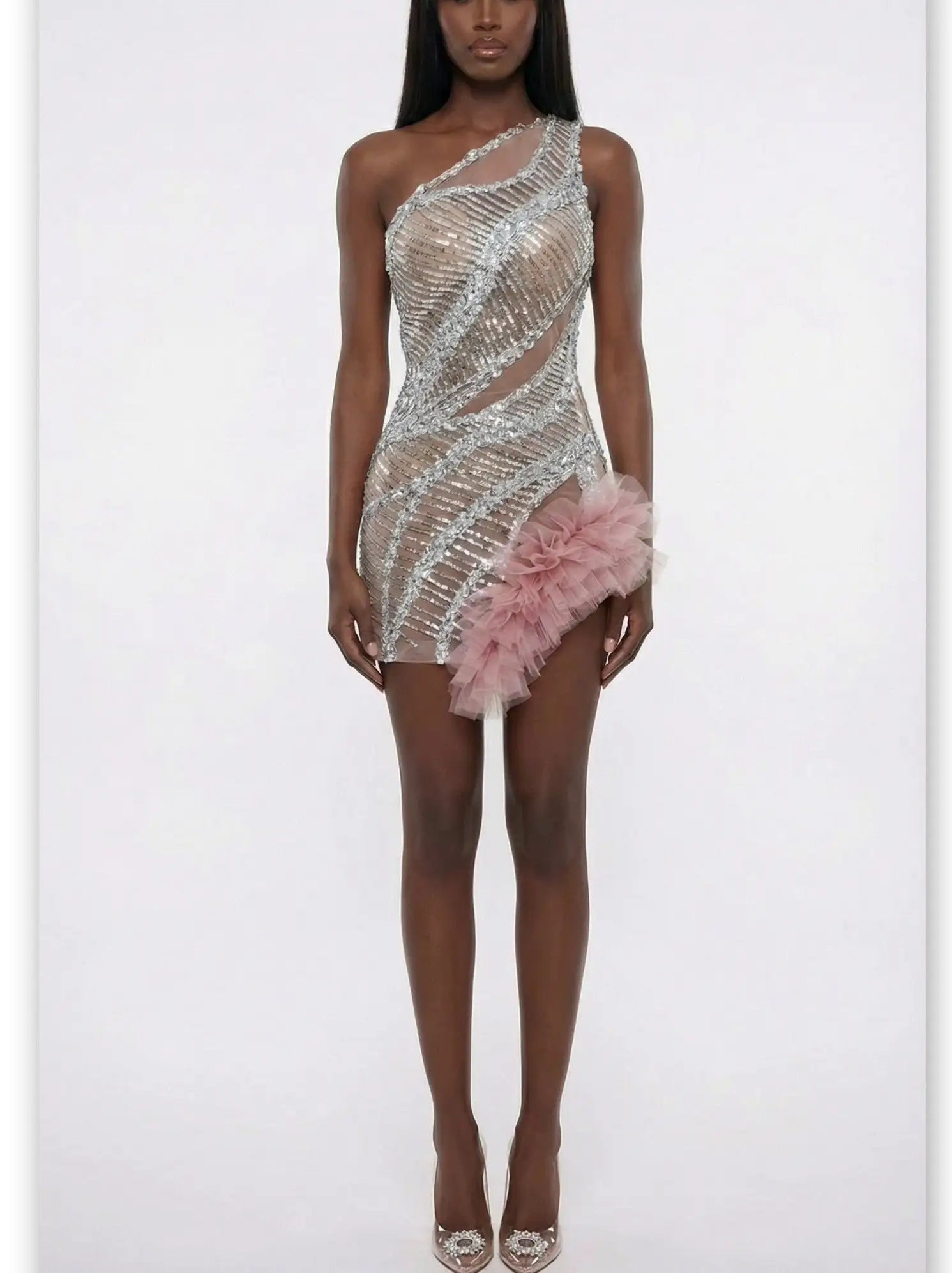Silver Sequin Illusion Mini Dress with Tulle Detail - Dresses