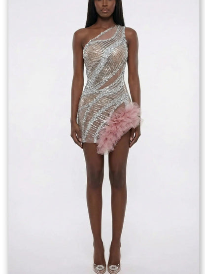 Silver Sequin Illusion Mini Dress with Tulle Detail - Dresses