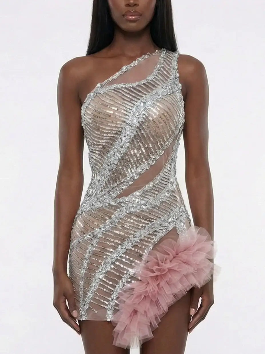 Silver Sequin Illusion Mini Dress with Tulle Detail - Dresses