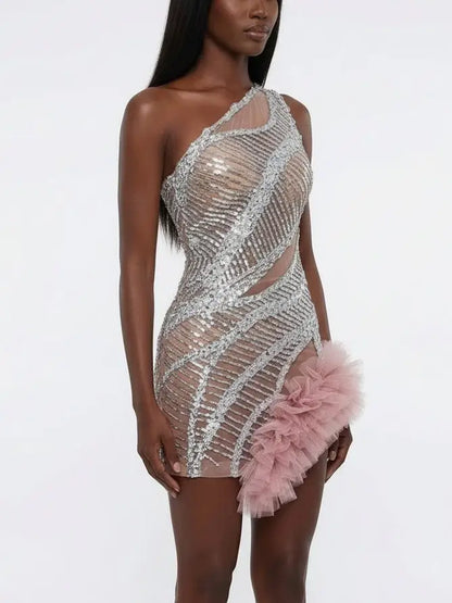Silver Sequin Illusion Mini Dress with Tulle Detail - Dresses