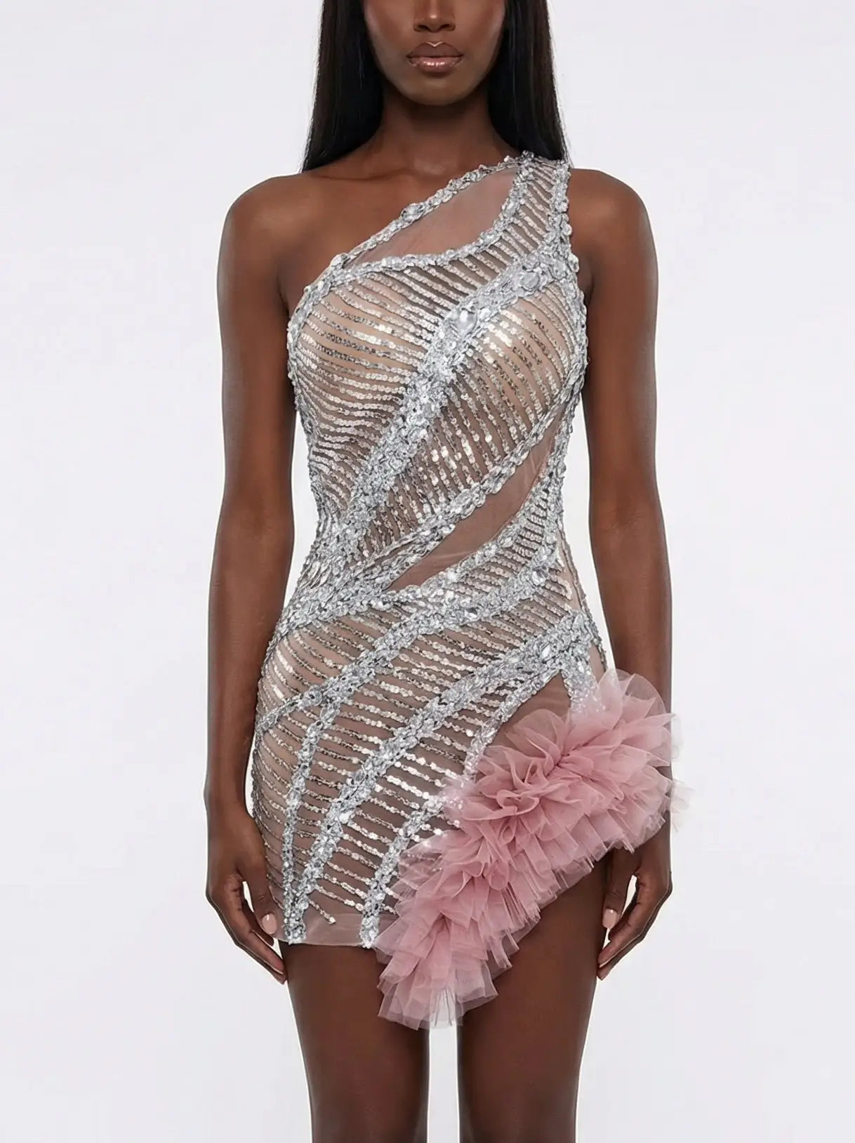 Silver Sequin Illusion Mini Dress with Tulle Detail - XS - Dresses