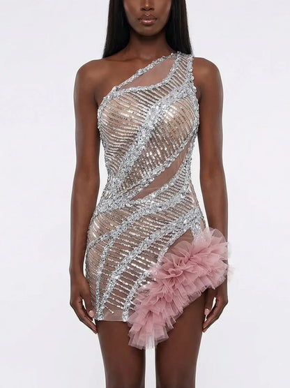 Silver Sequin Illusion Mini Dress with Tulle Detail - XS - Dresses