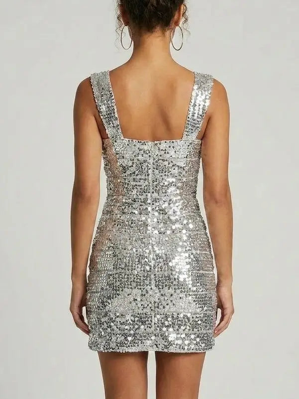 Silver Sequin Paneled Bodycon Mini Dress