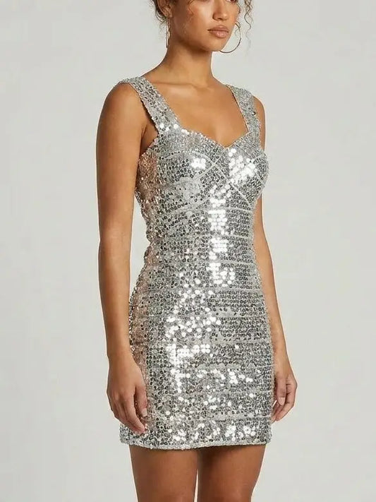 Silver Sequin Paneled Bodycon Mini Dress - Dresses