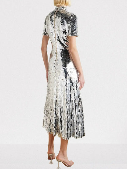 Silver Sequin Tulle Midi Dress - Dresses