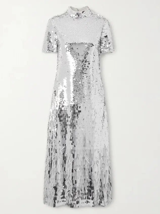 Silver Sequin Tulle Midi Dress - Dresses
