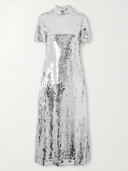 Silver Sequin Tulle Midi Dress - Dresses