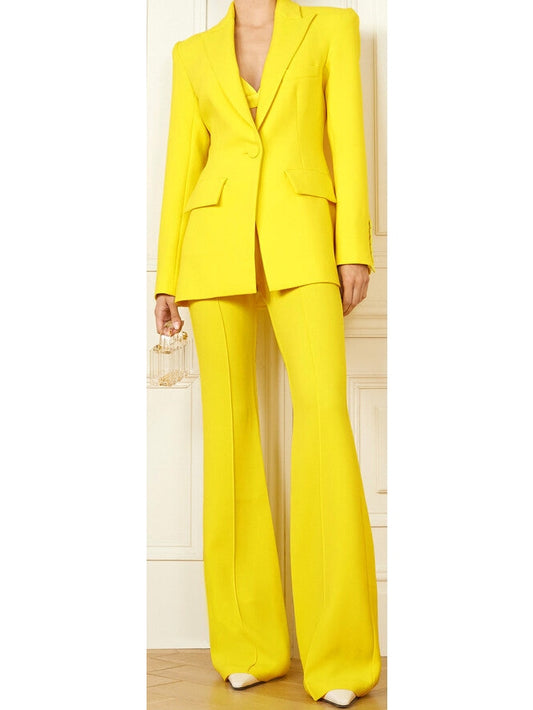 Single-Breasted Blazer and Flared Pant Suit, Bright Yellow - Branna Couture