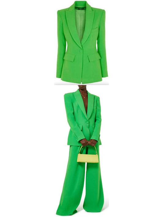 Single-Breasted Blazer and Flared Pant Suit, Green - Branna Couture