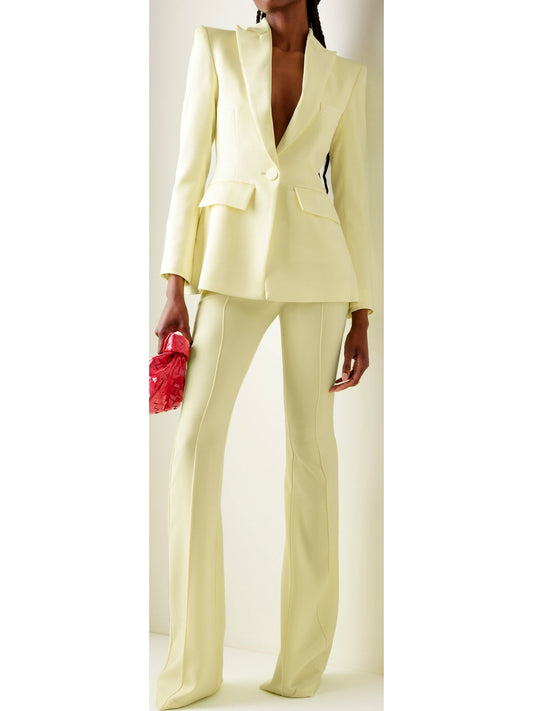 Single-Breasted Blazer and Flared Pant Suit, Pale Yellow - Branna Couture