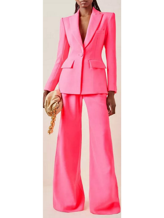 Single-Breasted Blazer and Flared Pant Suit, Pink - Branna Couture