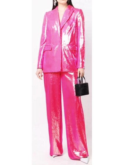 Single-Breasted Sequin-Embellished Blazer and Pant Suit, Pink - Branna Couture