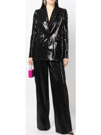 Single-Breasted Sequin-Embellished Blazer and Pant Suit, Black - Branna Couture