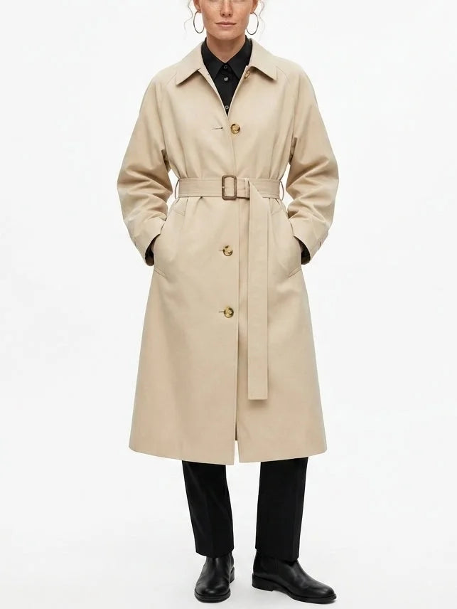 Single-Breasted Belted Midi Trench Coat in Sand - Coats