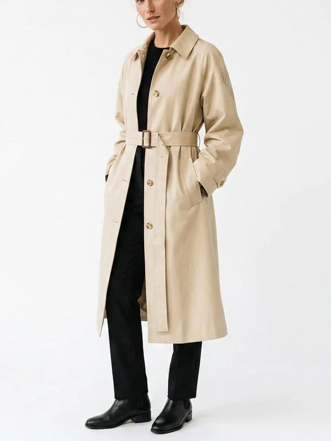 Single-Breasted Belted Midi Trench Coat in Sand - Coats