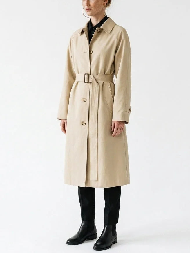 Single-Breasted Belted Midi Trench Coat in Sand - Coats