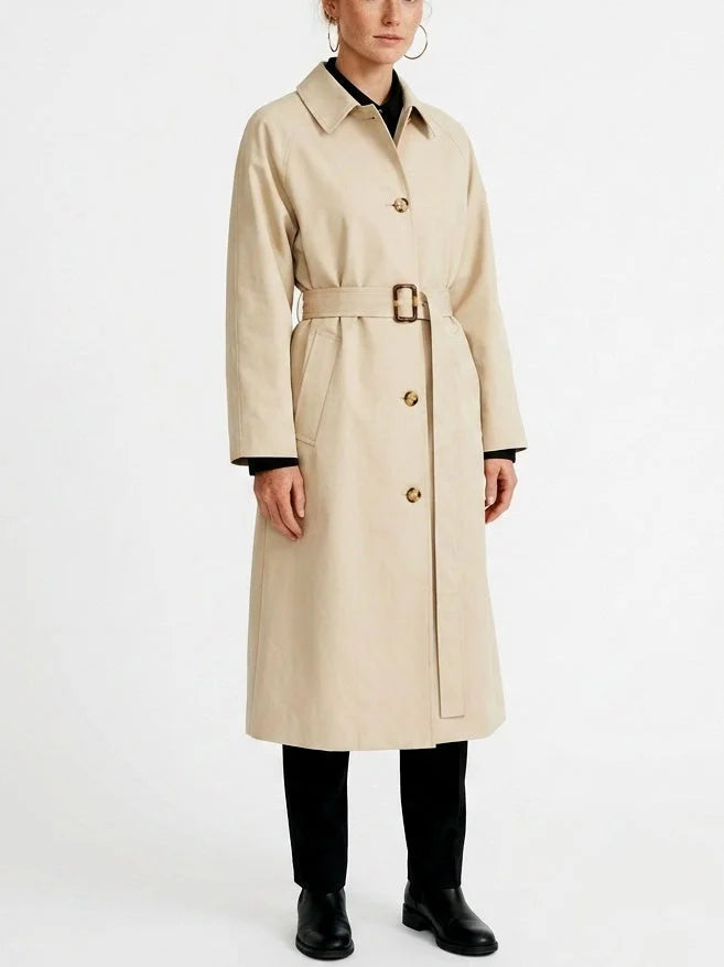 Single-Breasted Belted Midi Trench Coat in Sand - Coats
