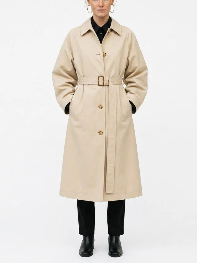 Single-Breasted Belted Midi Trench Coat in Sand - Coats
