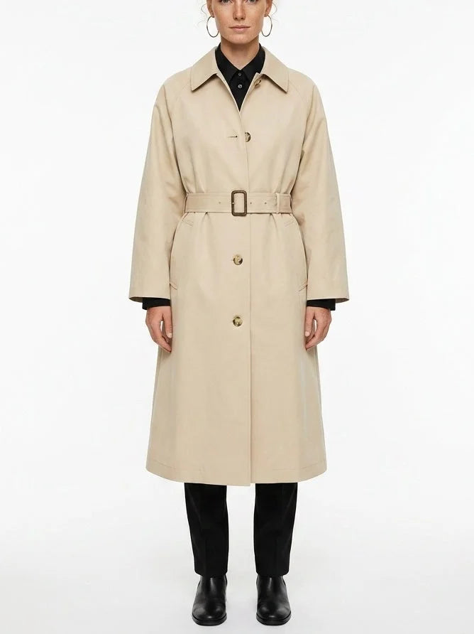 Single-Breasted Belted Midi Trench Coat in Sand - Small - Coats