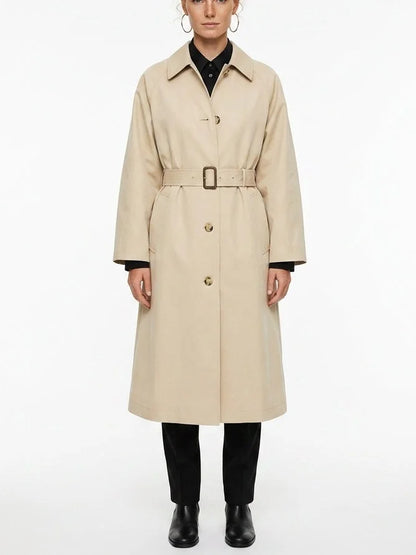 Single-Breasted Belted Midi Trench Coat in Sand - Small - Coats