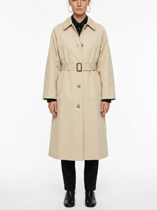 Single-Breasted Belted Midi Trench Coat in Sand - Small - Coats