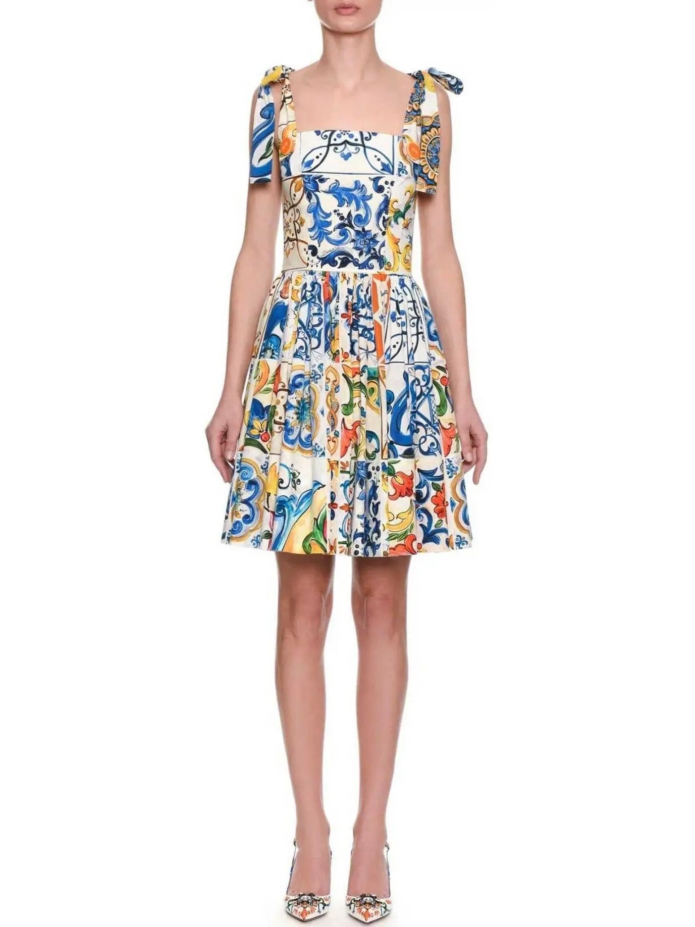 Sleeveless Fit-and-Flare Tile Print Dress with Ties - Branna Couture