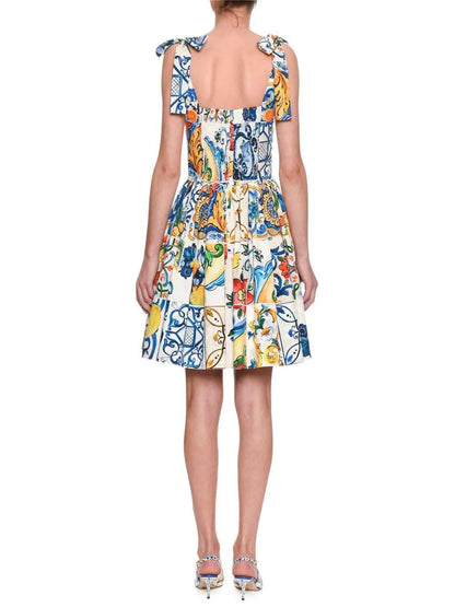 Sleeveless Fit-and-Flare Tile Print Dress with Ties - Branna Couture