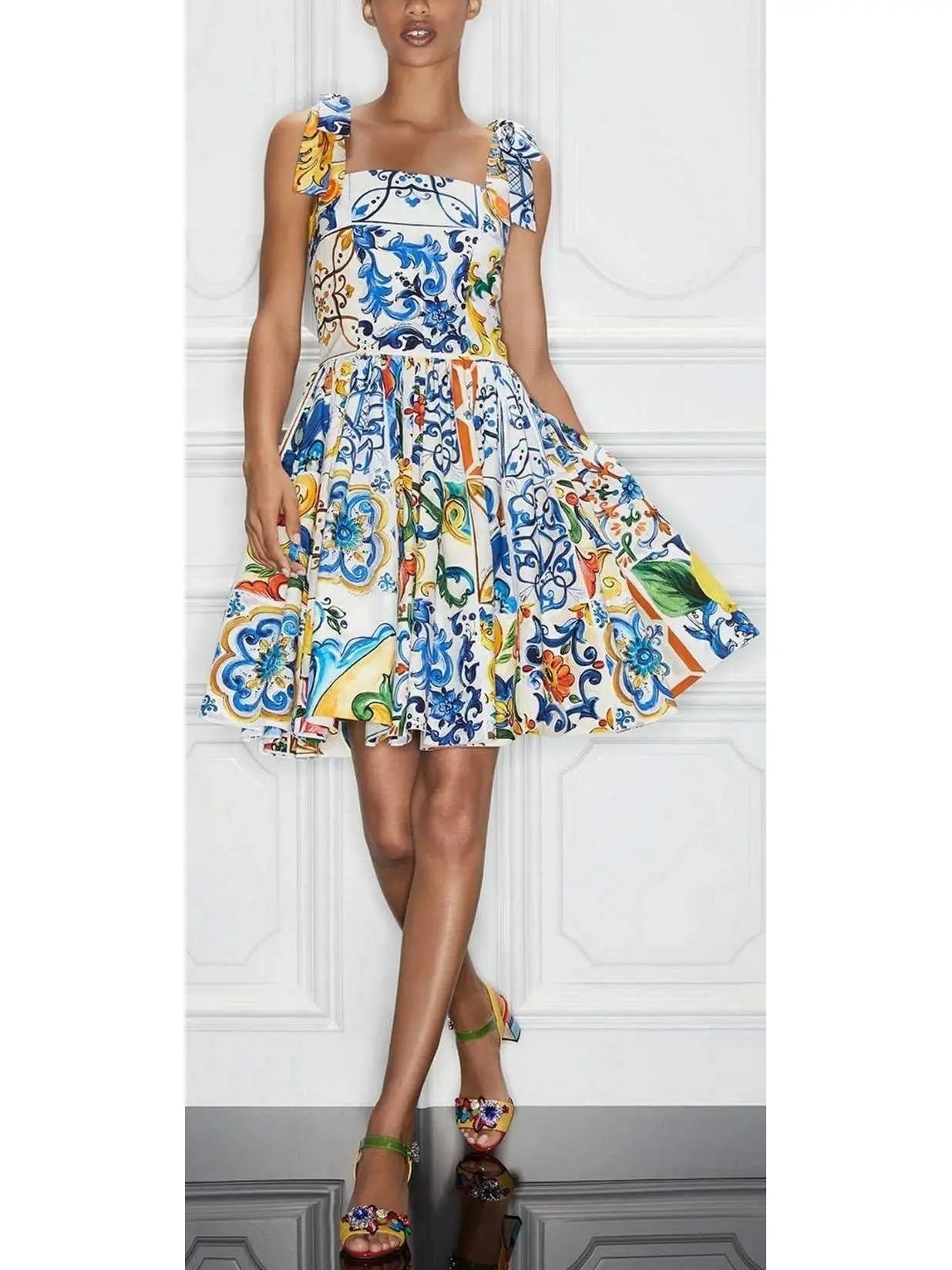 Sleeveless Fit-and-Flare Tile Print Dress with Ties - Branna Couture