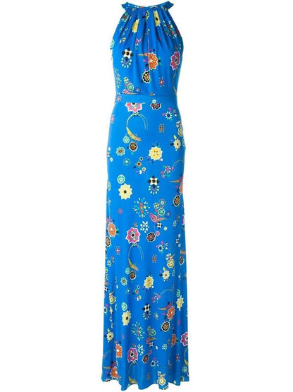 Sleeveless Long Printed Silk Dress-Blue - Branna Couture