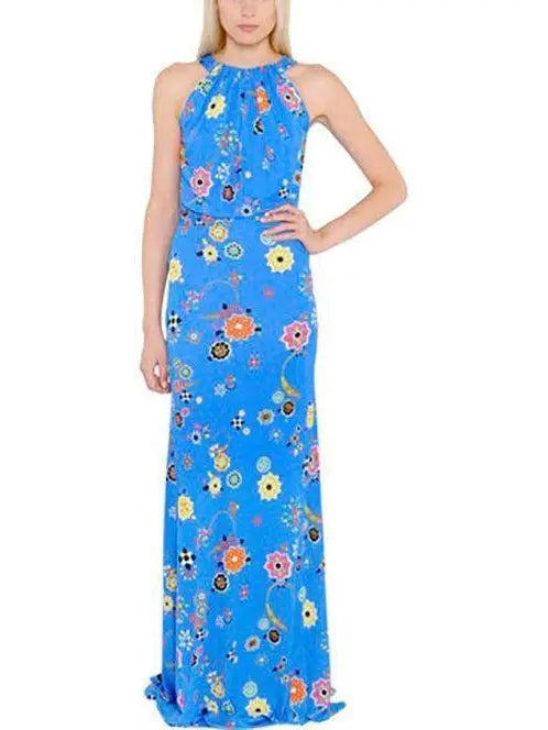 Sleeveless Long Printed Silk Dress-Blue - Branna Couture