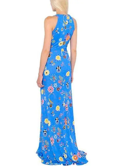 Sleeveless Long Printed Silk Dress-Blue - Branna Couture