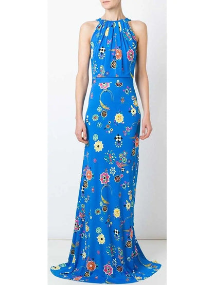 Sleeveless Long Printed Silk Dress-Blue - Branna Couture