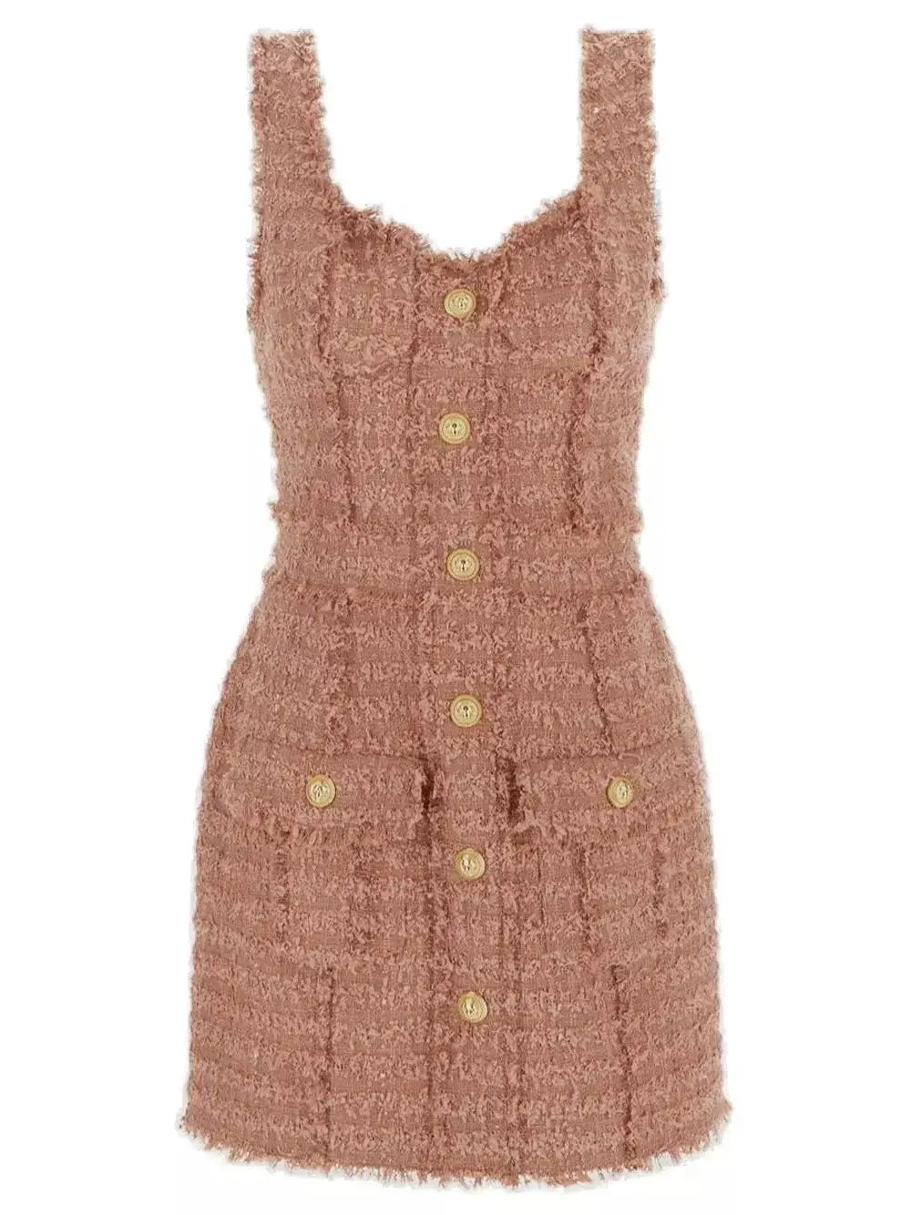 Sleeveless Tweed Buttoned Mini Dress - Branna Couture