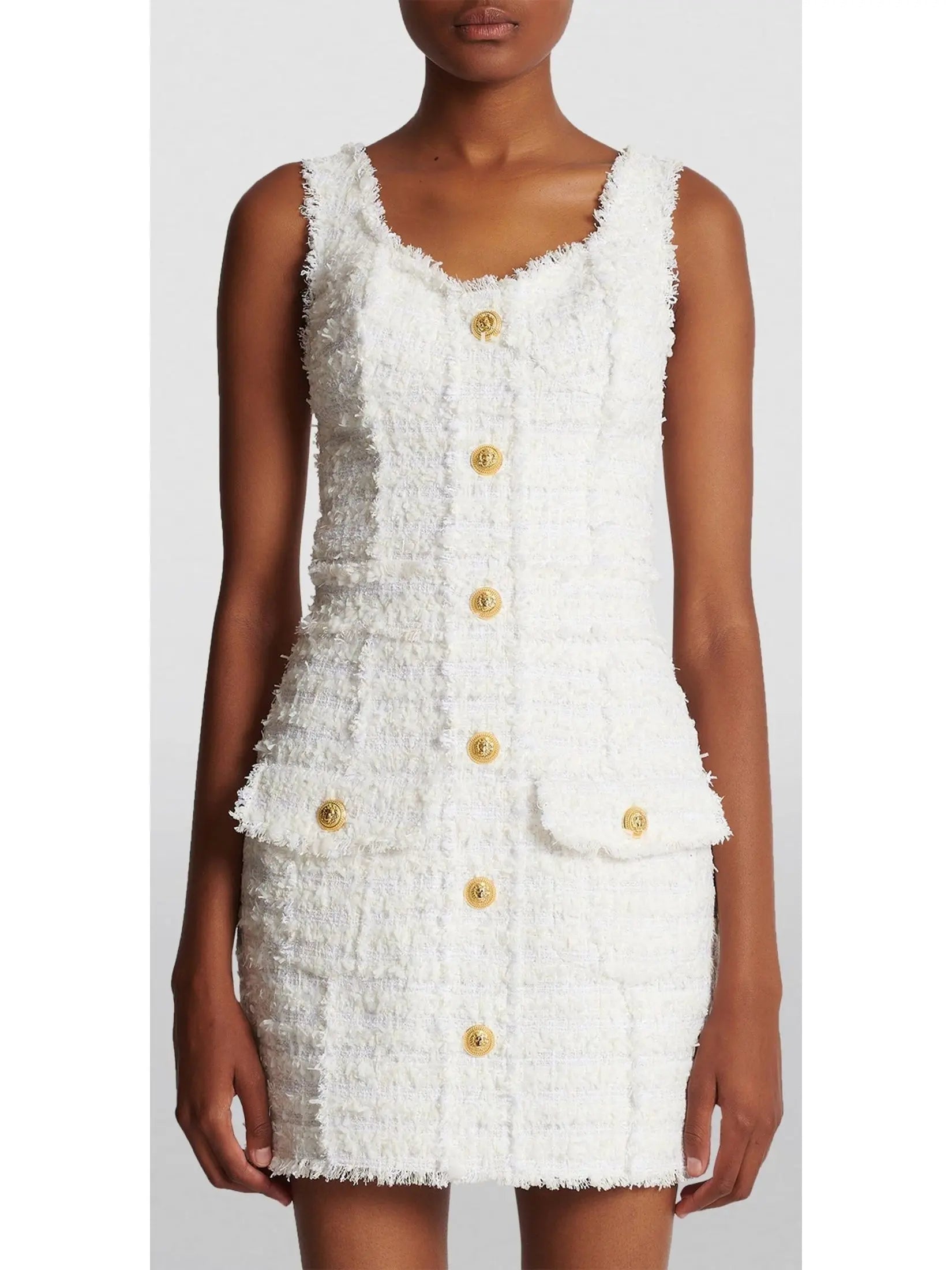 Sleeveless Tweed Buttoned Mini Dress, White - Branna Couture