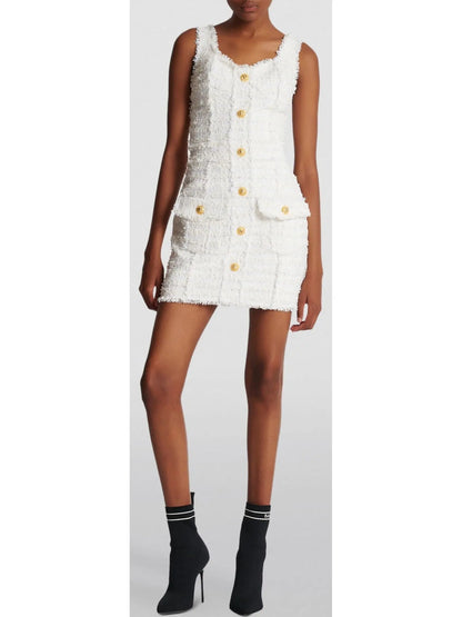 Sleeveless Tweed Buttoned Mini Dress, White - Branna Couture