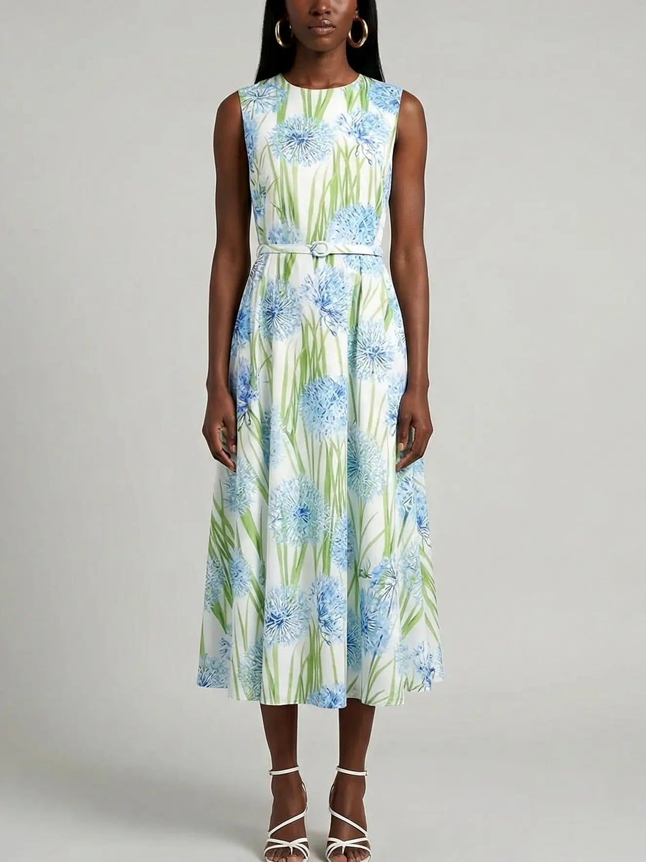 Sleeveless Blue Floral Belted Midi Dress - S - Dresses