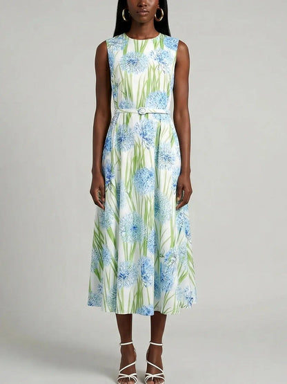 Sleeveless Blue Floral Belted Midi Dress - S - Dresses