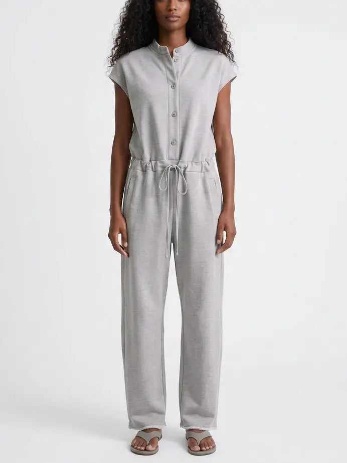 Sleeveless Button Front Drawstring Waist Jumpsuit - Small / Grey - Suits & Sets