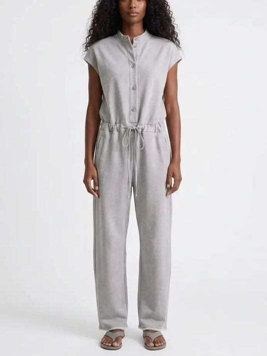 Sleeveless Button Front Drawstring Waist Jumpsuit - Small / Grey - Suits & Sets