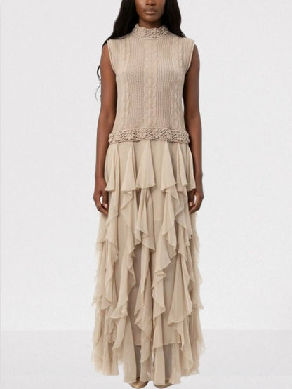 Sleeveless Cable-Knit & Ruffled Maxi Dress in Beige - S - Dresses