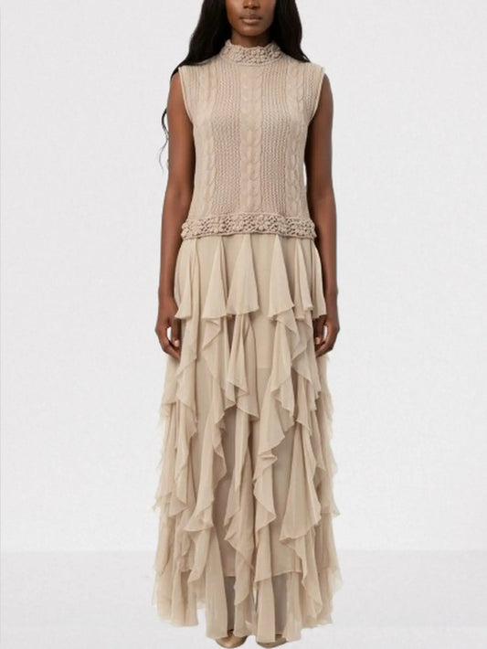 Sleeveless Cable-Knit & Ruffled Maxi Dress in Beige - S - Dresses