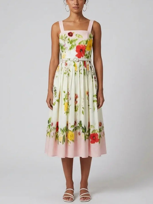 Sleeveless Floral Belted Cotton Midi Dress - S - Dresses