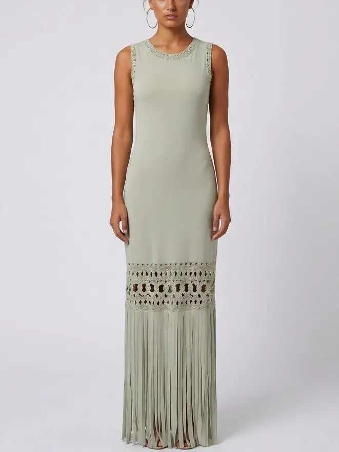 Sleeveless Fringe Hem Maxi Dress with Openwork Trim - S / Sage Green - Dresses