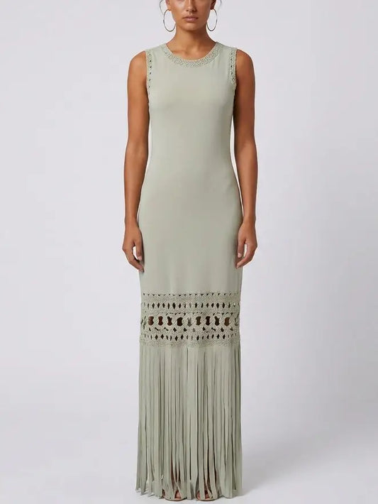 Sleeveless Fringe Hem Maxi Dress with Openwork Trim - S / Sage Green - Dresses
