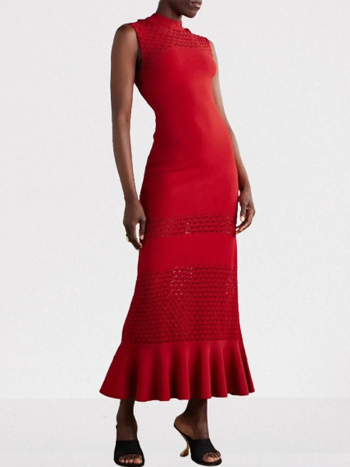 Sleeveless Lattice-Knit Mock-Neck Maxi Dress - S / Red - Dresses